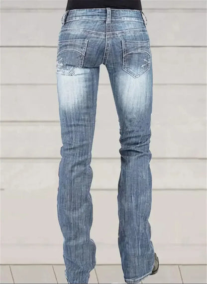 Low-waisted Women Flared Jeans Fashion Vintage Whitish Blue Washable Denim Pants