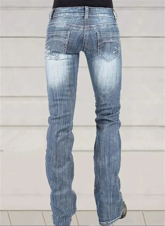 Low-waisted Women Flared Jeans Fashion Vintage Whitish Blue Washable Denim Pants