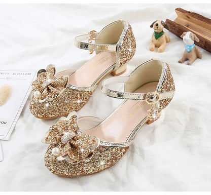 Children's Sandals for Party Wedding Elegant Bowknot Kids Girls Versatile Sequins High-heels Fashion Pearl Princess Single Shoes