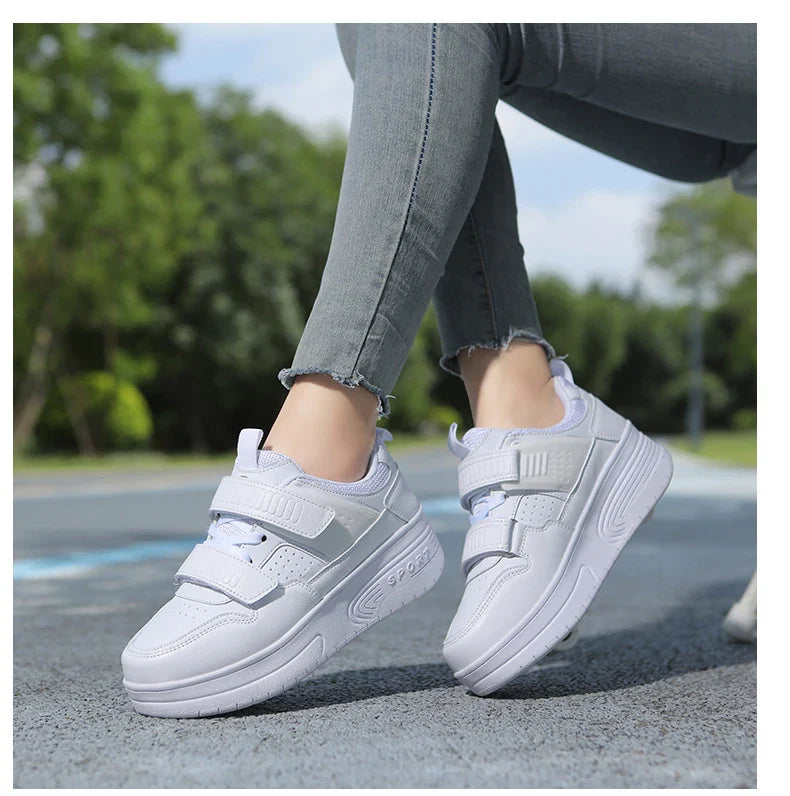 Autumn 2025 Kids Walking Shoes Detachable Double Wheel Roller Skates Boy Leather Student Shoe Four Wheeled Children Shoes Girl
