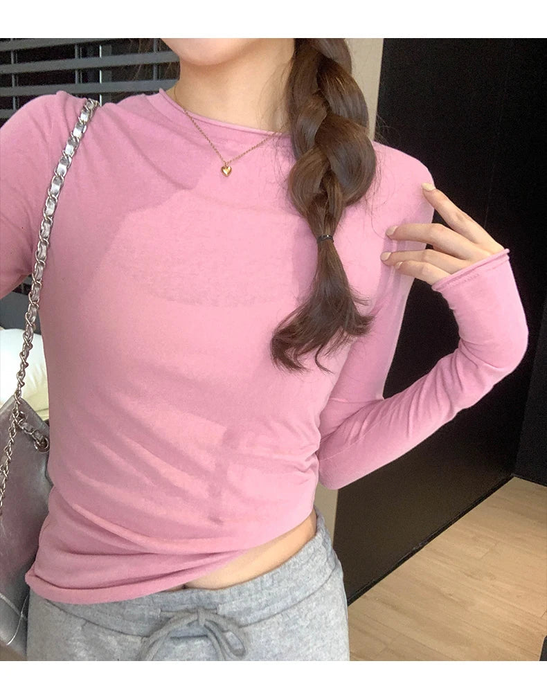 2026 Spring Autumn T shirt Women Tops Solid Slim Fit Long Sleeve O Neck Tshirts Female Casual Streetwear High Quality Base Tees