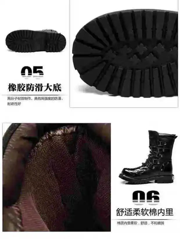 Men Motorcycle Boots Fashion Mid-Calf Punk Rock Punk PU Leather Black High Top Mens Casual Boot Steel Toe Shoes Big Size 38-46