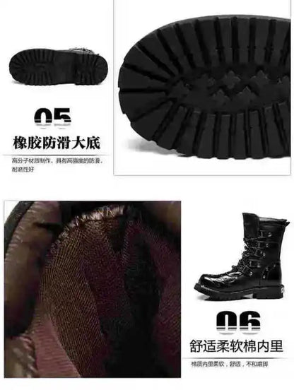 Men Motorcycle Boots Fashion Mid-Calf Punk Rock Punk PU Leather Black High Top Mens Casual Boot Steel Toe Shoes Big Size 38-46
