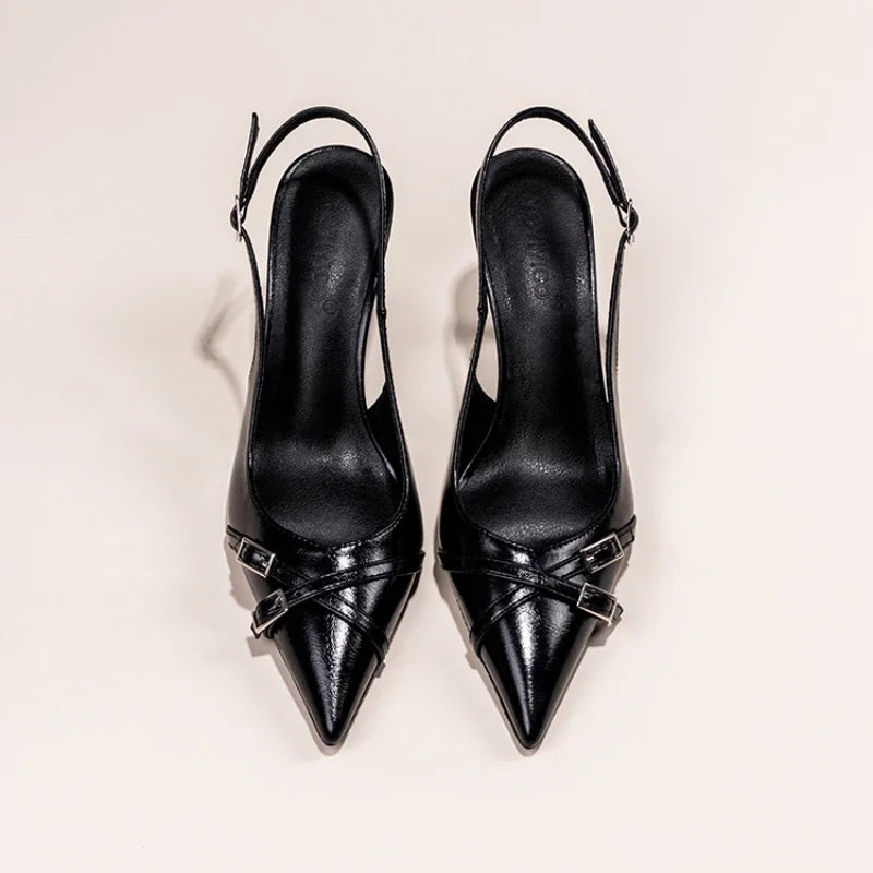 Sapatos de Salto Agulha Elegantes com Fivela, Bico Fino, Boca Rasa, para o Verão, Sapatos Femininos Pretos NO:602