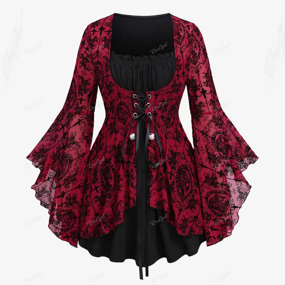 Plus Size Gothic Bell Sleeves Cross Floral Mesh Flocking Lace Up Ruched Ruffles 2 in 1 Long Bell Sleeve Top