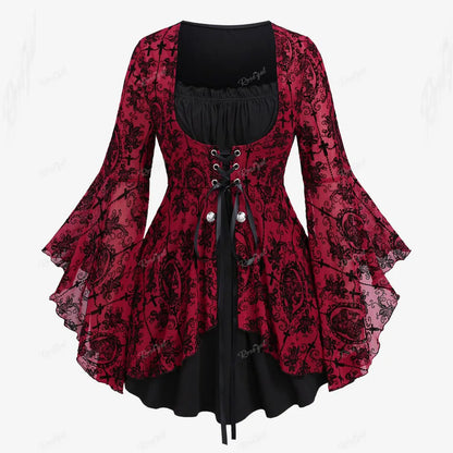 Plus Size Gothic Bell Sleeves Cross Floral Mesh Flocking Lace Up Ruched Ruffles 2 in 1 Long Bell Sleeve Top