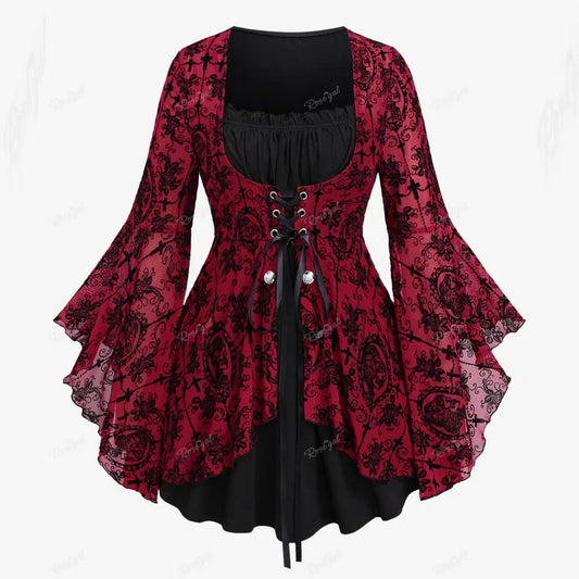 Plus Size Gothic Bell Sleeves Cross Floral Mesh Flocking Lace Up Ruched Ruffles 2 in 1 Long Bell Sleeve Top