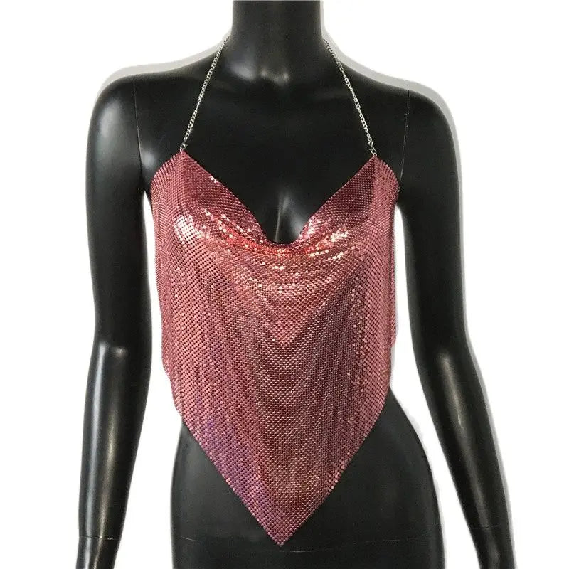 Women Solid Sequined Metal Camis Top 2025 Sexy Halter Backless V Strappy Party Nightclub Vest Cropped Tops
