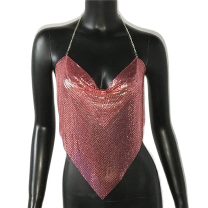 Women Solid Sequined Metal Camis Top 2025 Sexy Halter Backless V Strappy Party Nightclub Vest Cropped Tops