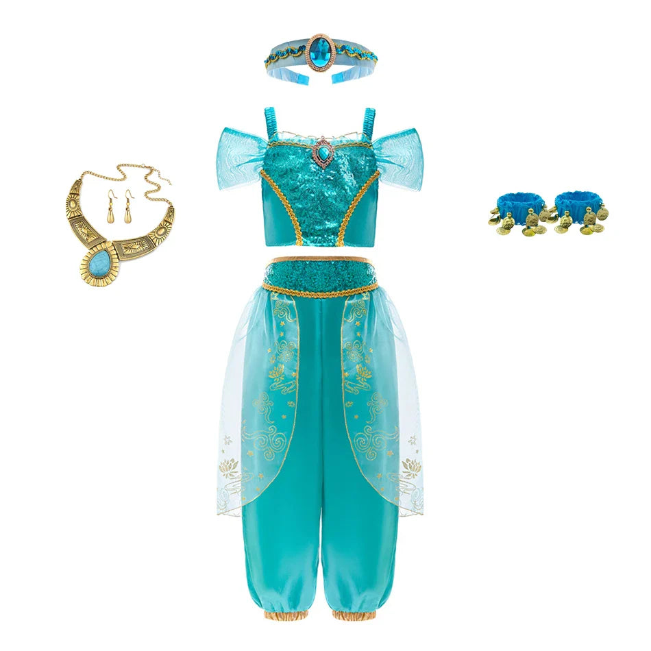 Girl Jasmine Two-piece Set Halloween role-playing Jasmine Princess Suit + Magic Lamp Props Stage Performance Costume