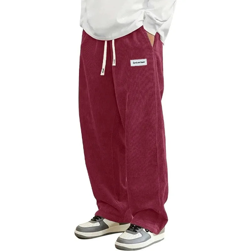 New Mens Corduroy Casual Pants Fashion Loose Fit Baggy Pants Straight Sweatpants Elastic Waist Drawstring Outdoor Streetwear