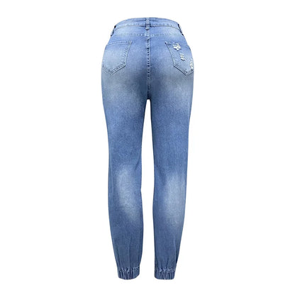 Fashion Alphabet Print Stretch Leg Pencil Jeans Women Trend Broken Holes Denim Pants Female Slim Mid Waist Button Chic Trousers