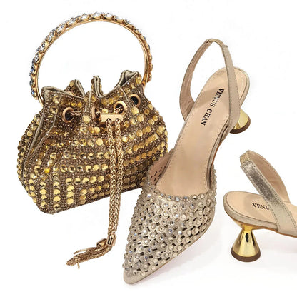 Mix Sapatos Femininos Salto Alto Bico Fino Designer Luxuoso Pedras Coloridas Festa Noturna Conjunto Combinando Sapatos e Bolsas