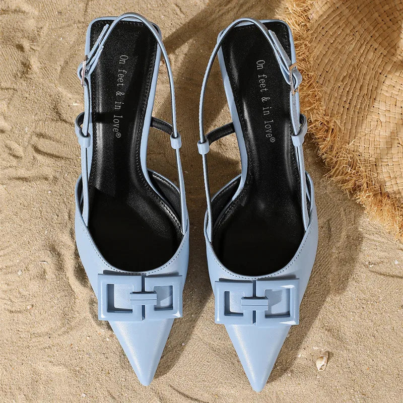 High Quality Blue Metal Embellish Designer Brand Sandal Women Pointed Toe Back Strap Buckle Slide Sandal Elegant Plus Size Mules