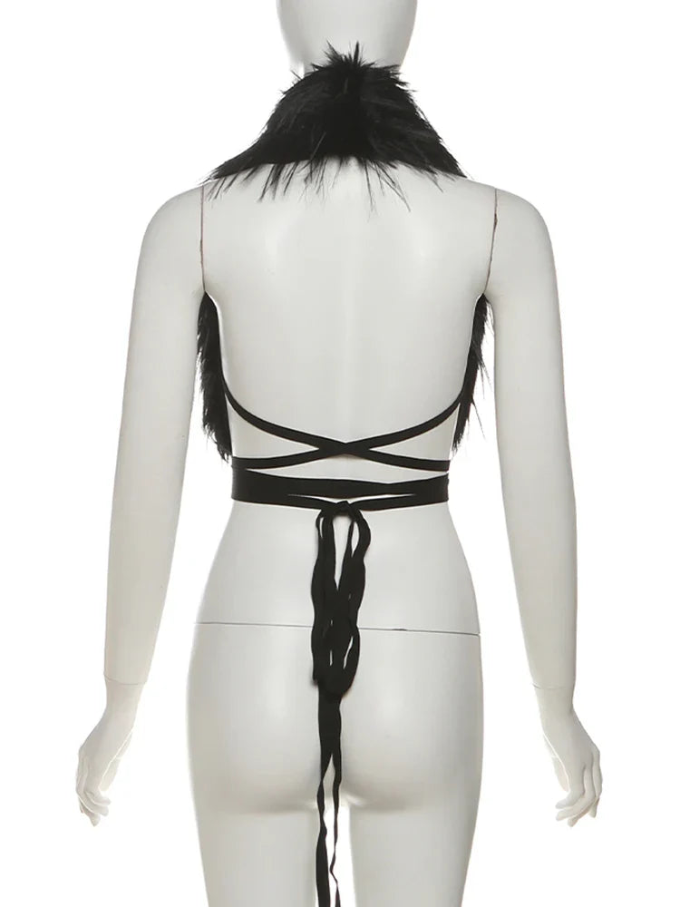 Hottie Sexy Furry Halter Top Women Fur Collar Backless Lace-Up Coquette Dark Punk Style Music Festival Clubwear Vests