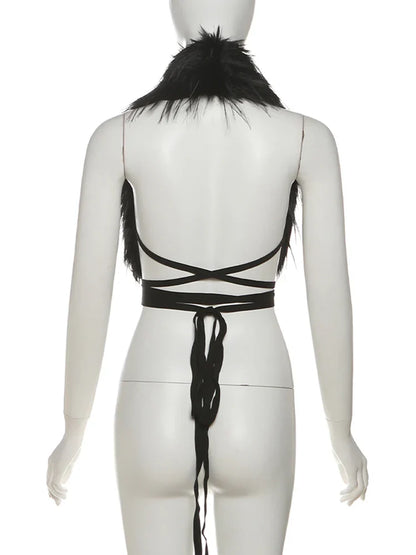Hottie Sexy Furry Halter Top Women Fur Collar Backless Lace-Up Coquette Dark Punk Style Music Festival Clubwear Vests