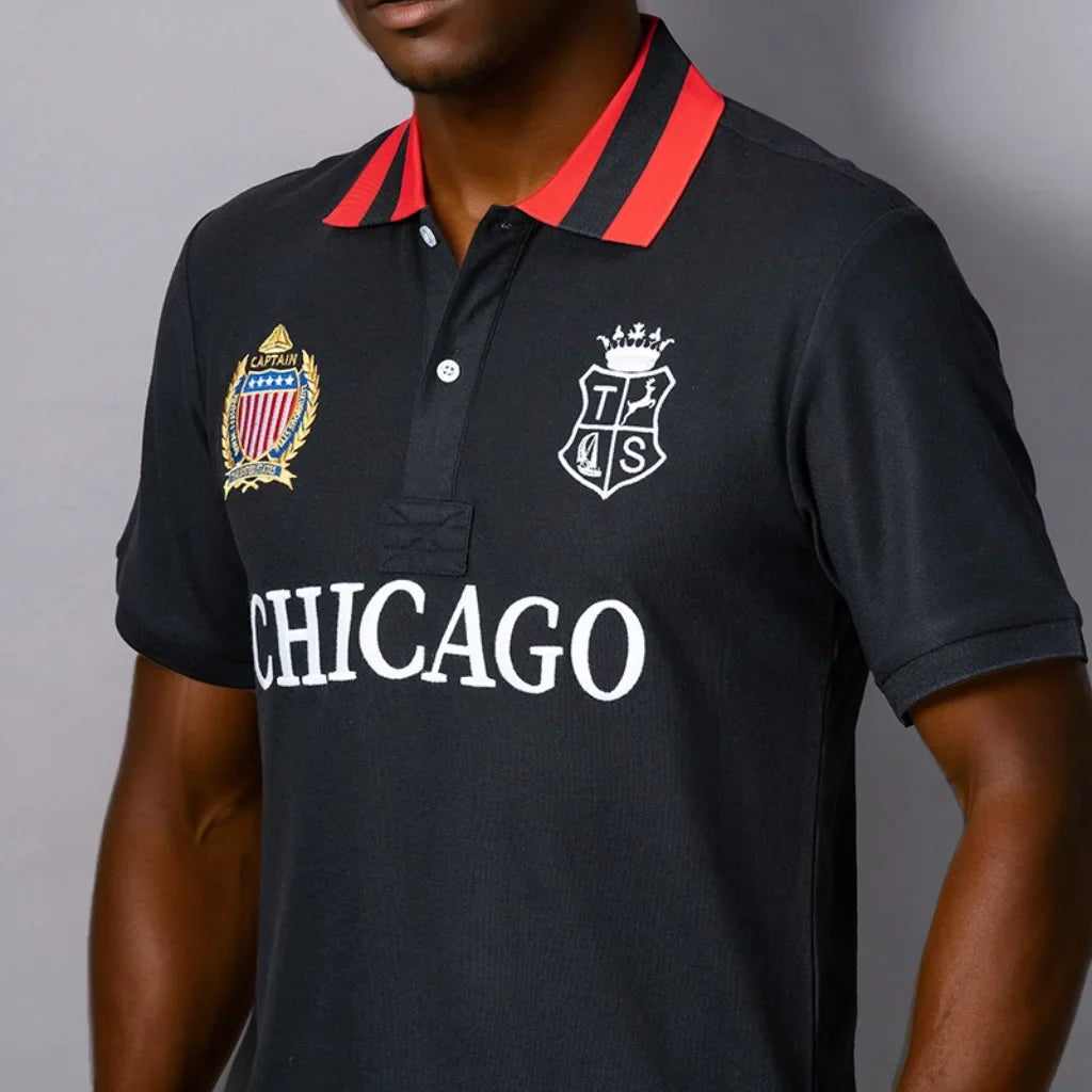 Men's polo shirt USA Chicago short sleeve Royal leisure sports party cotton embroidered with slit contrast color original