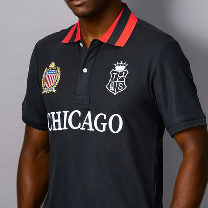 Men's polo shirt USA Chicago short sleeve Royal leisure sports party cotton embroidered with slit contrast color original
