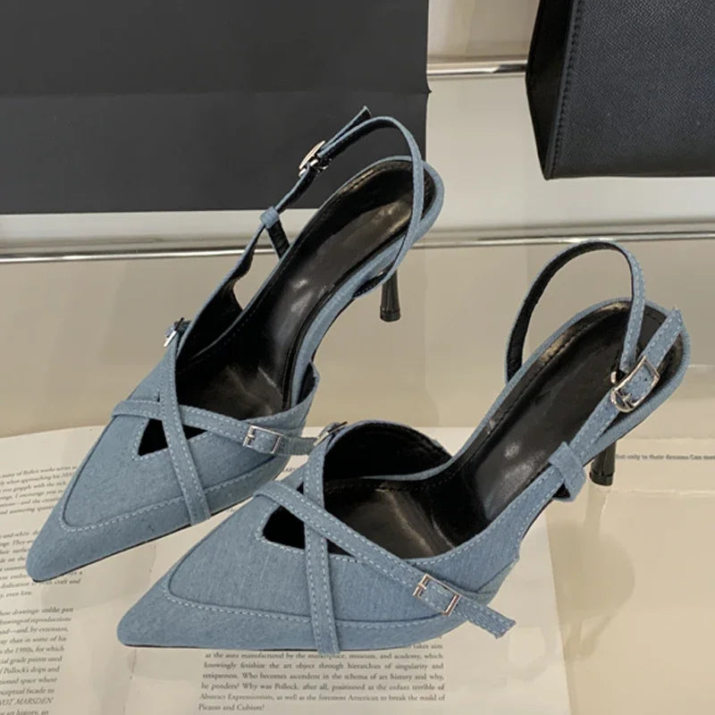 Sexy Street Style Buckle Strap Women Pumps Elegant Pointed Toe Thin Low Heels Slingback Banquet Party Shoes