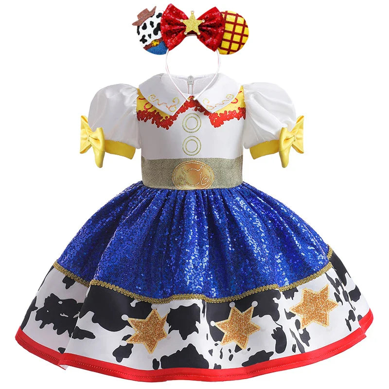 Girl's Sequin Bubble Sleeves Princess Dress 2025 New Baby Bow Knot Contrast Color Fluffy Dress Carnival Performance Dress