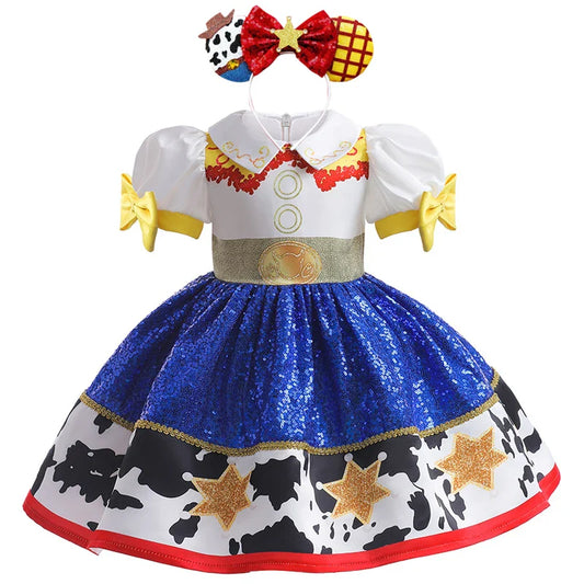 Girl's Sequin Bubble Sleeves Princess Dress 2025 New Baby Bow Knot Contrast Color Fluffy Dress Carnival Performance Dress