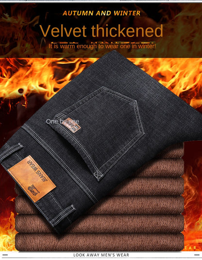 2023 Winter Men Black Blue Straight Stretch Denim Thick Velvet Pants Warm Jeans Casual Fleece Line Trousers Male Plus Size