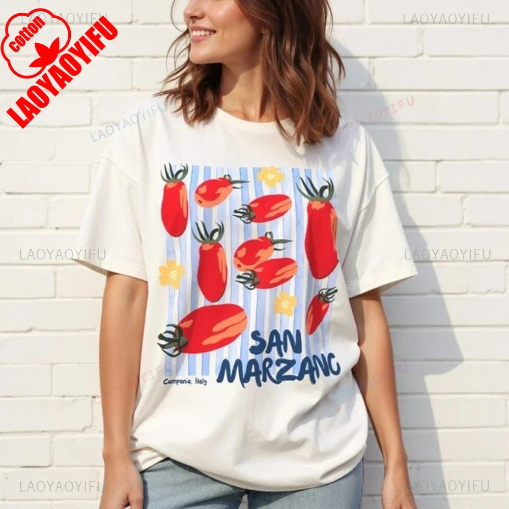 Vintage Italian Tomato Cotton Graphic Tshirt Summer Shirt Women Top Italy Vacation Aesthetic Tomato Girl Market Style