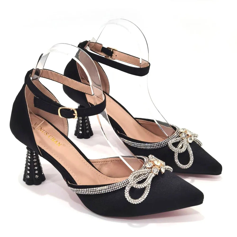 Ladies Pointed-Toe Party High Heels Magenta Colour Bow Rhinestone Stereo Bag Evening  African Wedding Shoe And Bag Set