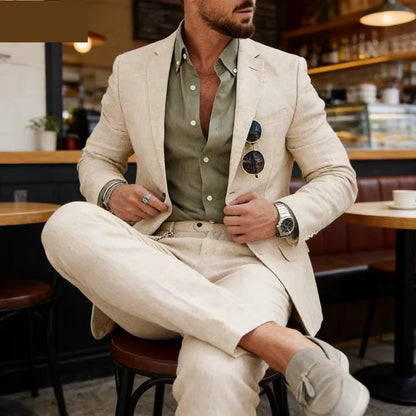 Beige Linen Suit for Men 2 Pieces Slim Fit Casual Wedding Prom Tuxedos Set Best Man Groom Summer Costume Homme New Design Suits