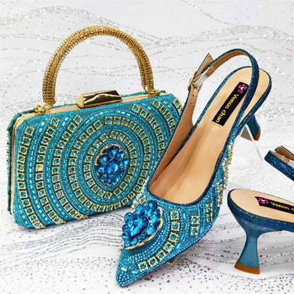 Elegant Rhinestone Pointed Toe Pumps With Matching Bag Set Large Size shoes Big Bag for Women's Party High Heels
