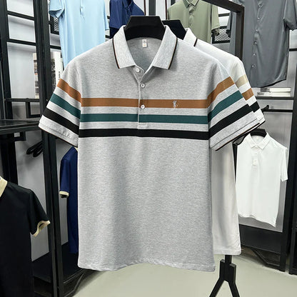 Boutique cotton short sleeve men's polo shirt 2025 summer fashion striped high-end flip collar top casual youth business T-shirt