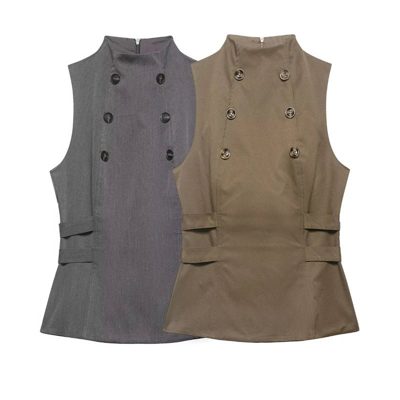 Women's two-tone double-breasted high-neck sleeveless top, waist-cinching slim-fit high-street casual women's vest, 2026 new