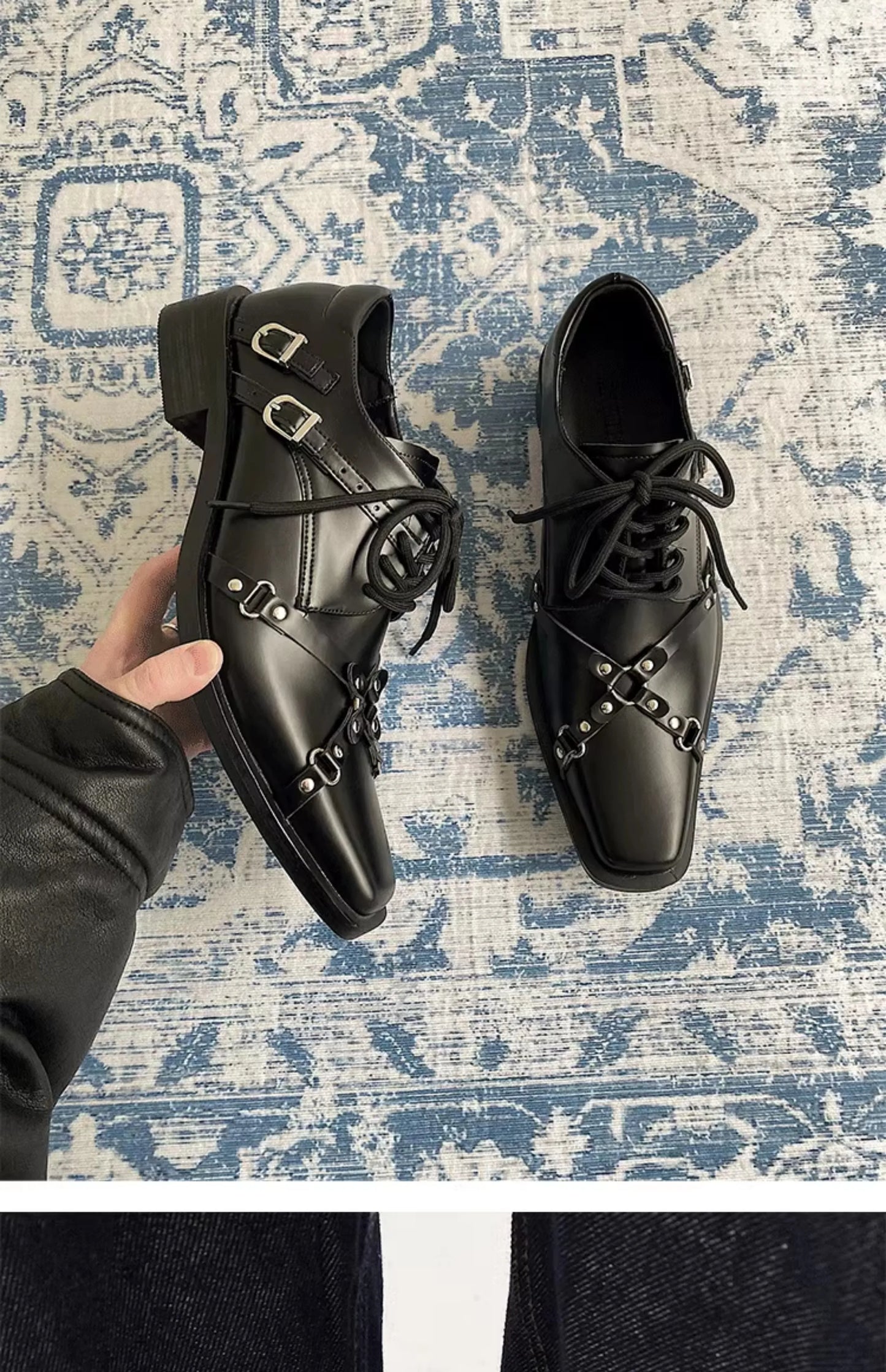Men's formal leather shoes pointed niche design dark style Oxford shoes strap metal decoration business casual derby shoes