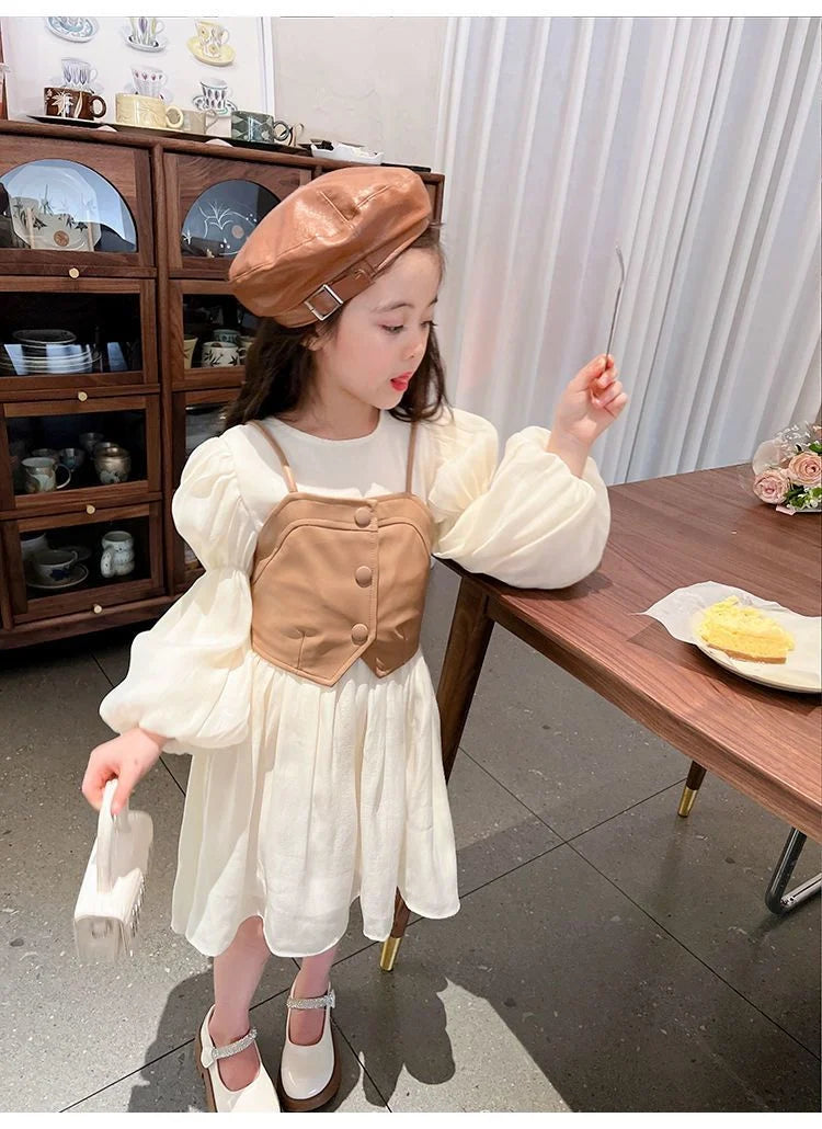 Spring Autumn Girls Dress Set Long Sleeve Children's Retro PU Leather Vest Dress Set Teenage Girls Clothing Suit 4 6 8  12Y