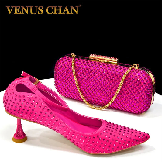 Fuchsia Color Women's Heels and Bag Set – Elegant Rhinestone Designer Shoes for Weddings & Special Occasions