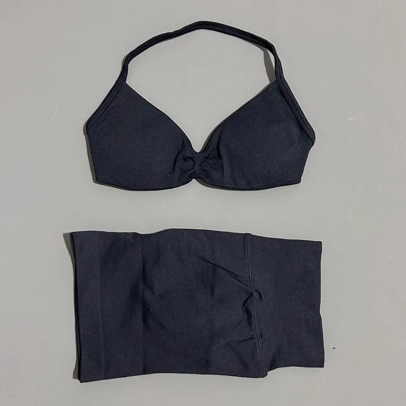 No Logo 2 Piece Impacts Gym Set Women Seamless Yoga Strappy Bra Workout Scrunch Sports Low Waist Shorts Sport Set
