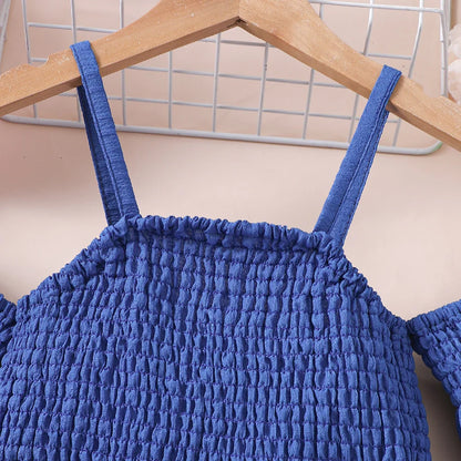 Vestido Feminino de Verão Ombro a Ombro Cinto Cor Sólida