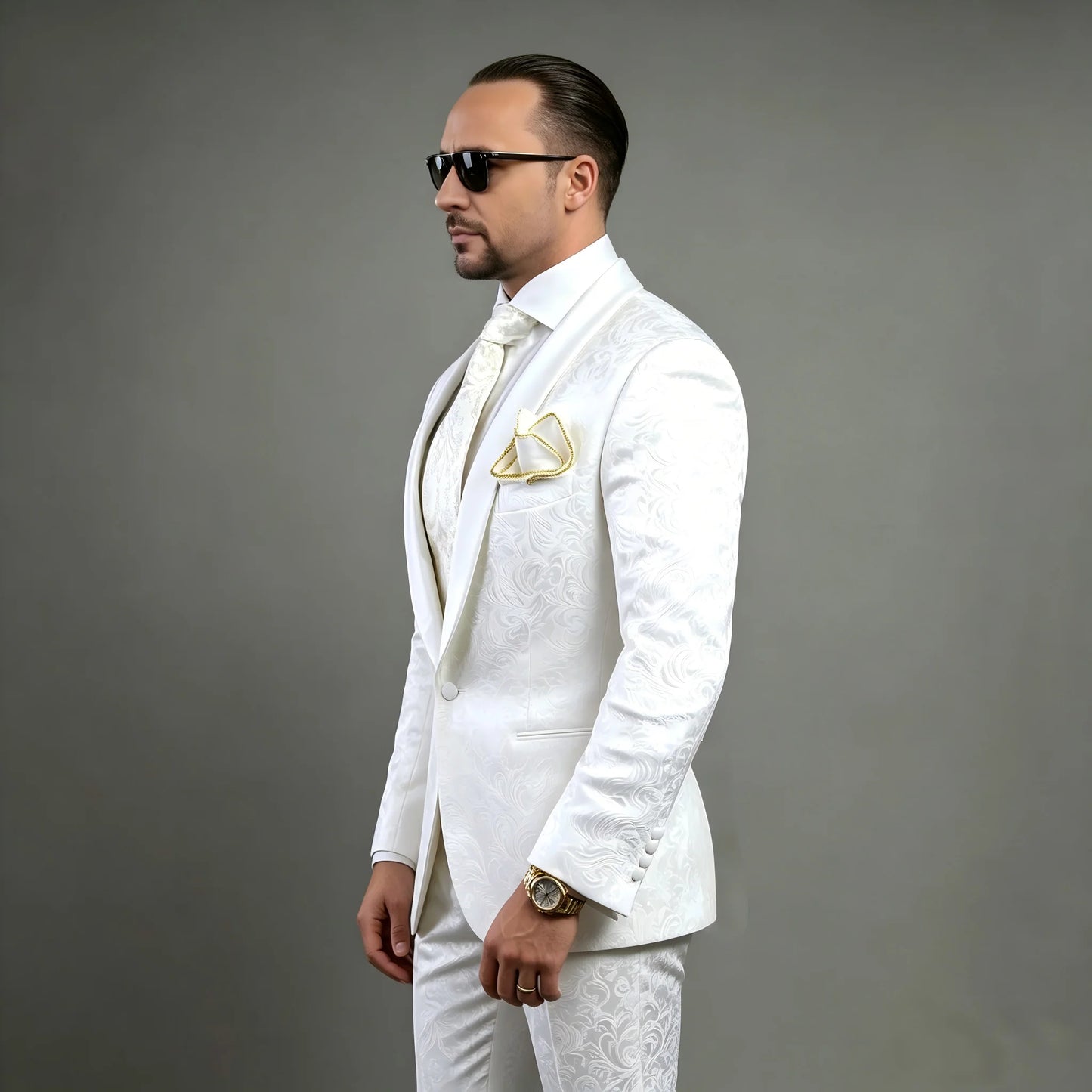 Men's White Floral Printed Two-Piece Suit Jacket Pants Groomsmen Men's Wedding Party Cocktail Party Formal Groom Tuxedos