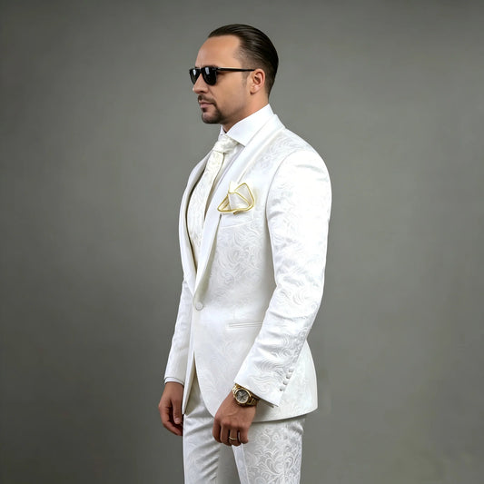 Men's White Floral Printed Two-Piece Suit Jacket Pants Groomsmen Men's Wedding Party Cocktail Party Formal Groom Tuxedos