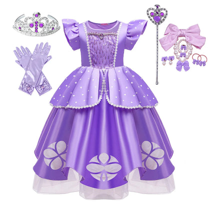Little Sophia Role Playing  Cute Ball Gown Sofia Costume Play Dress Tea Length Puffy Birthday Party Frock As a Intern Princess