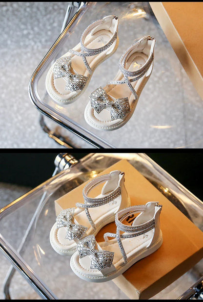 Girls' Shiny Cool Rhinestone Bowknot Children's Sandals 2023 Summer Open-toe Versatile Kids Fashion Back Zipper Casual Shoes New
