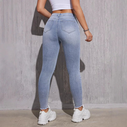 High Waist Skinny Jeans Women - Stretch Ripped Light Blue Denim Pants
