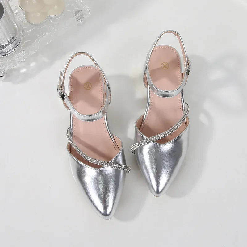 Girls' High Heels Sandals Fashion Rhinestone Pointed Toe Children's Princess Shoes Rubber Soles Non Slip Casual Sandals