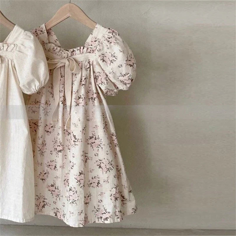 Summer Doll Skirt Girl Baby Bow Bubble Sleeve Princess Dress Floral Square Neck Dress