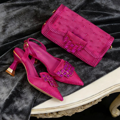 2026 Women's Elegant Green Rhinestone Slingback Heels & Matching Handbag Set - Stylish Pointed Toe Design