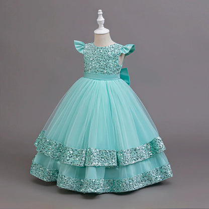 2025 New Elegant Girl Wedding Dress Sequined Mesh Princess Dress 4-12 Year Old Girl Graduation Party Prom Evening Dress