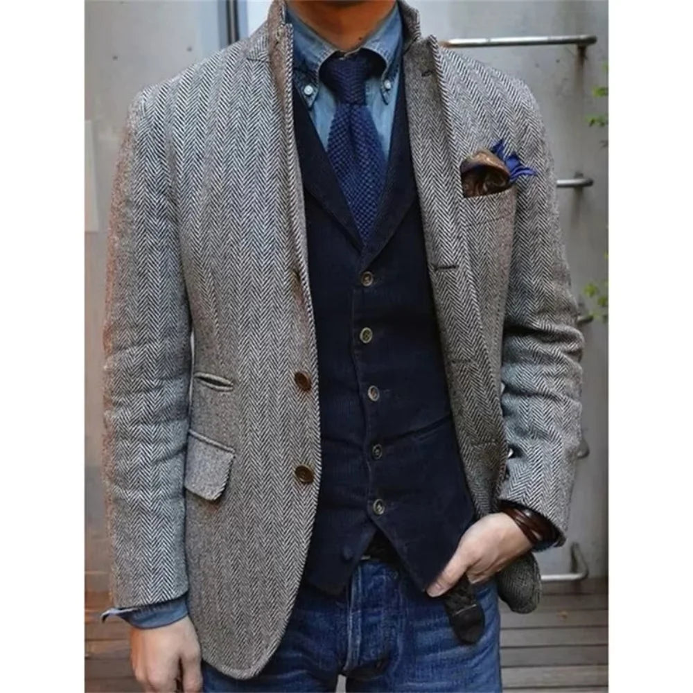 Men's Slim Fit Herringbone Blazer Set Luxury Cashmere Coat Casual Designer Mens Tuxedo Jacket Elegant Business Suit