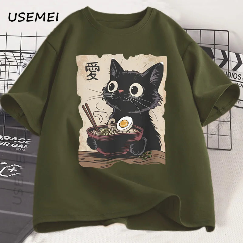 Funny Cat Ramen T-shirt Graphic Tee Japanese Kawaii Anime Cat Graphic T Shirts Men Women Casual Short Sleeve Cotton Tee Shirt