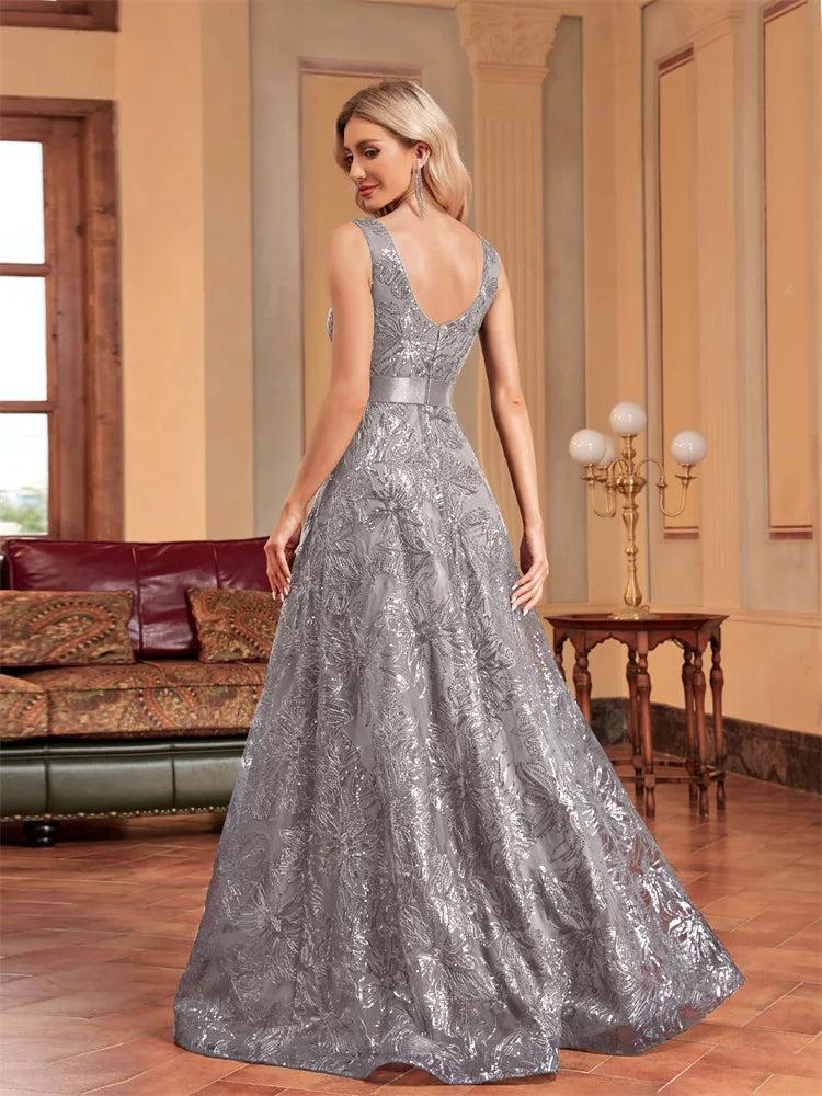 Luxury Sexy Deep V-Neck Sequins Blue Evening Dresses Women Elegant V-back Wedding Party Long Prom Cocktail Dress