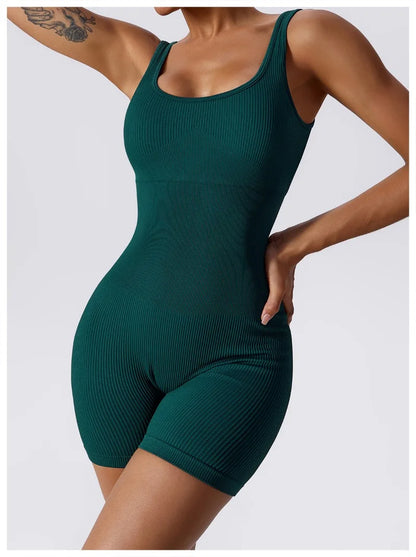Women's Yoga Rompers One Piece Tummy Control Seamless Ribbed Jumpsuit Padded Sports Bra Workout Romper Fashion Fitness Sportwear